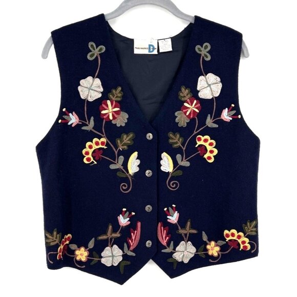 Vintage Wool Blend Womens Embroidered Vest Nacy Blue Floral - Picture 1 of 4